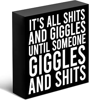 Shits and Giggles Bathroom Wooden Box Sign, 5x5 in(075) | Funny Toilet and Bathroom Decor for Home or Restaurant, Rustic Shelf, Desk or Counter Accent