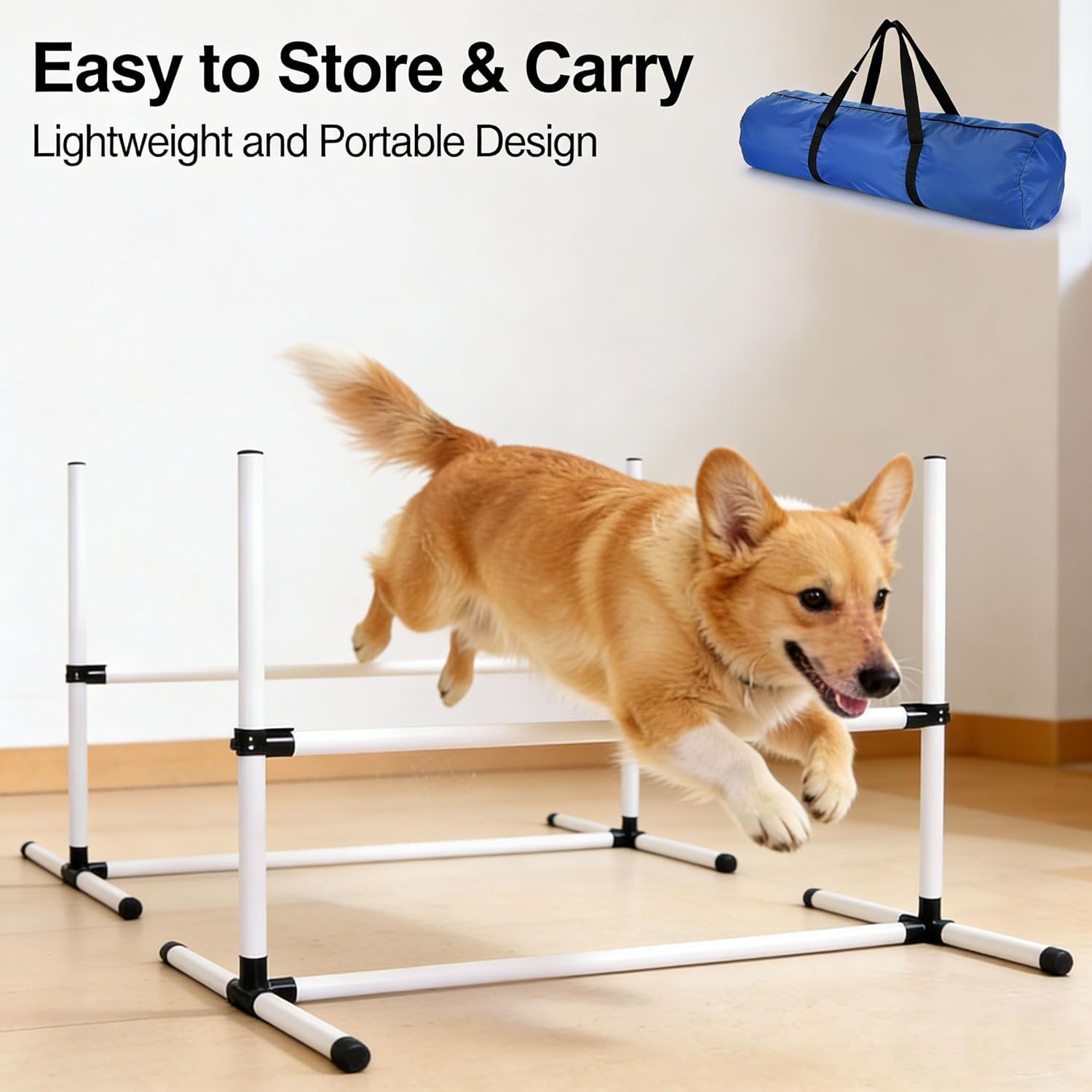 4 PCS Dog Agility Course Equipment, Adjustable Jump Bars Obstacle Training Supplies PVC Puppy Exercise and Coordination Training Kit with Carry Bag for Indoor Outdoor Use(White)