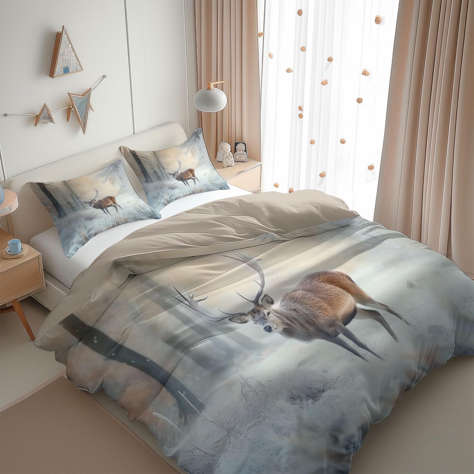 Blue California King Duvet Cover Winter Forest Deer Cal King Bedding Set 3 Pieces, Soft and Breathable Microfiber Comforter Cover with 2 Pillow Shams, for All Season