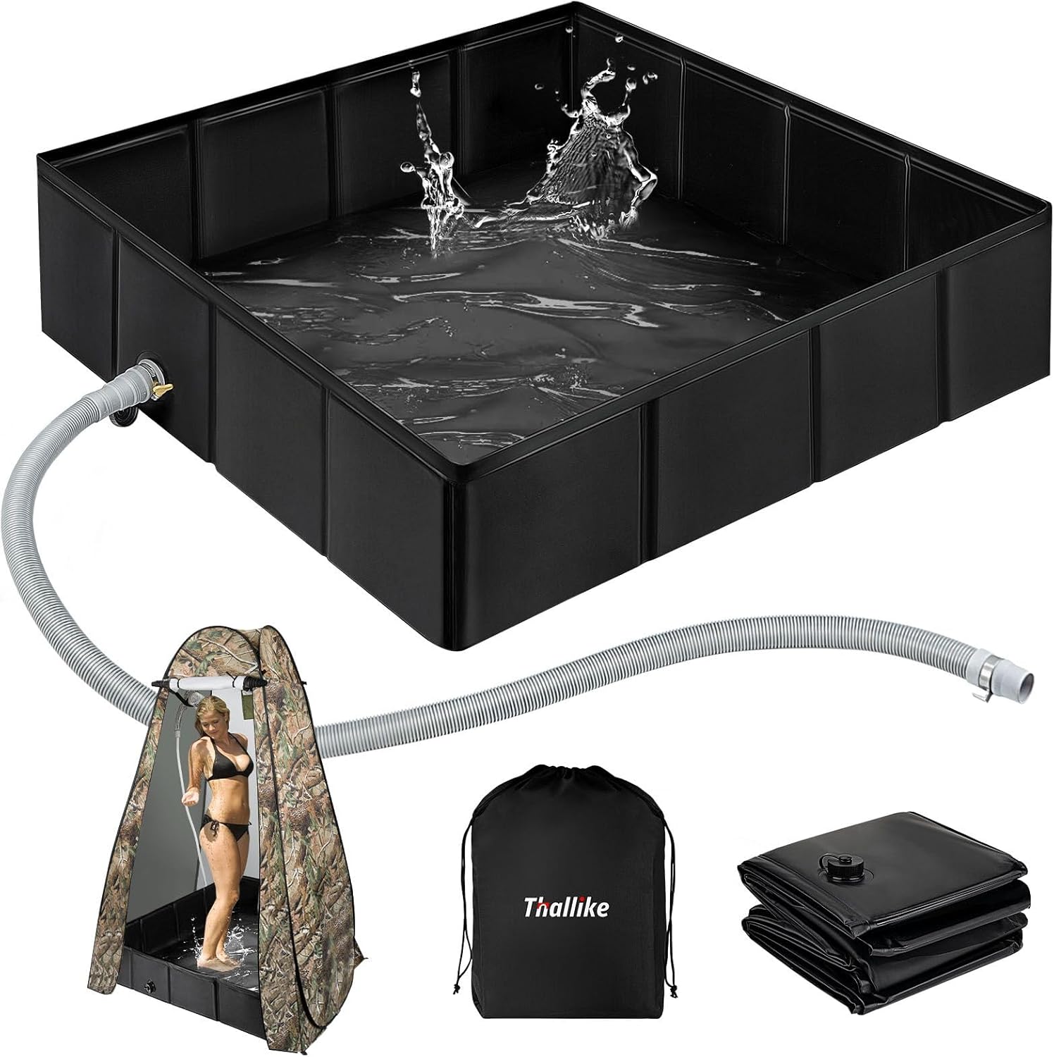 Upgraded Portable Shower Pan, 41" x 41" x 10" Outdoor Shower Base with Detachable Drain Pipe, Foldable Camping Shower Base for Beach, RV, and Indoor