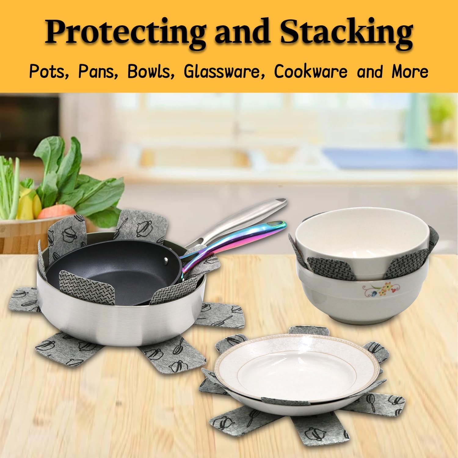 kaidun Pot and Pan Protectors for Stacking, Grey Set of 12 (10.3" 14" 15") | Non-Slip, Prevent Scratches, 3 Size, Save Space, Pan Separator, Cookware Protector, Pan Savers, Pan Dividers for Stacking