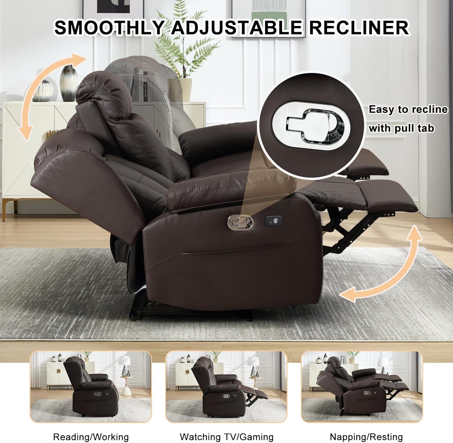 Loveseat Recliner Sofa, RV Recliner Couch, Manual Reclining Loveseat with Console for Living Room, Home Theater Seating with AC/USB C/USB LED Light Drawer (Brown, Loveseat with Console)