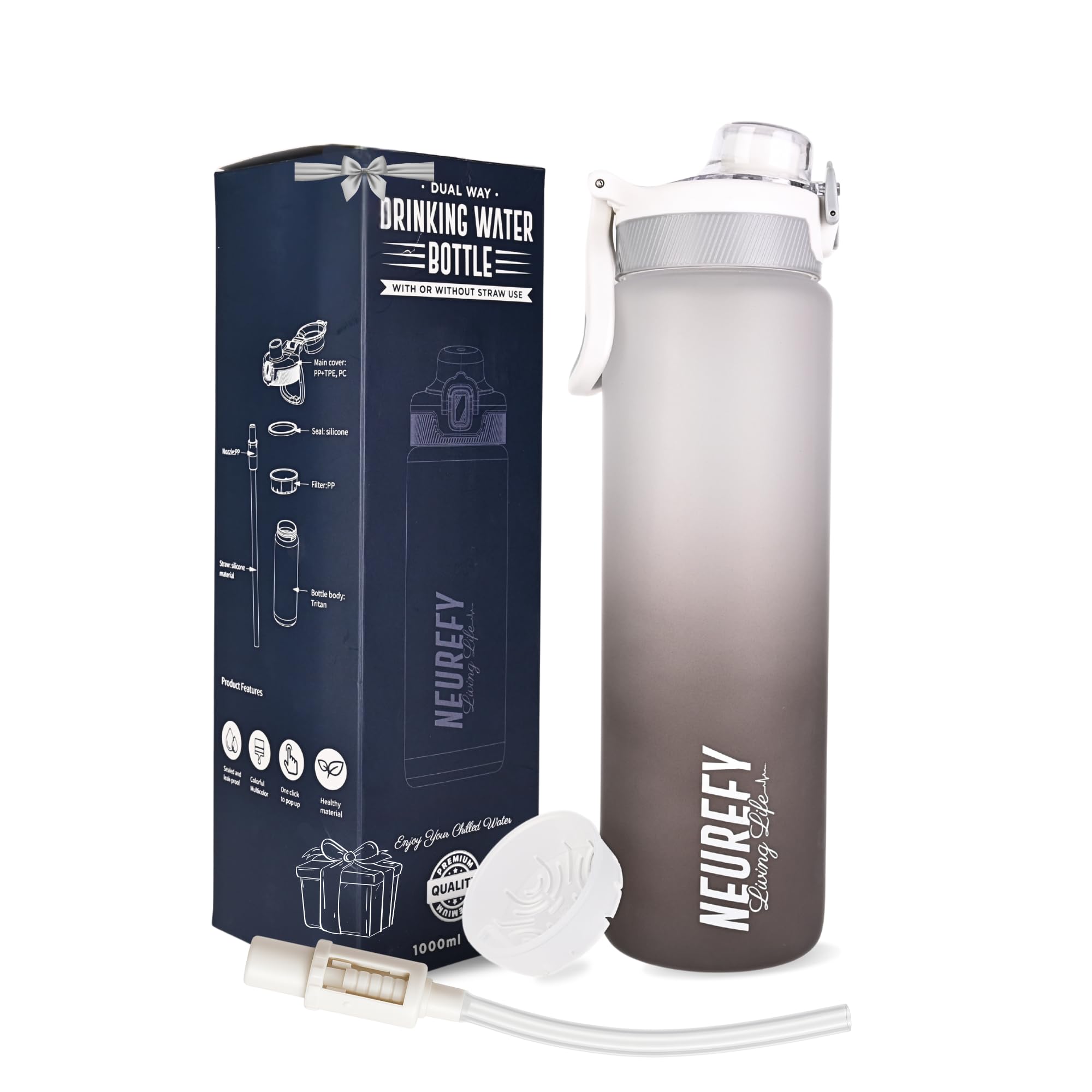 NEUREFY Water Bottle With Straw 1l (Removable) â SnowWhite & Grey Tritan, BPA-Free & Leak-Proof, Dishwasher Safe, Fruit Strainer, Wide Mouth, Carry Handle â Ideal for Backpack, Cycling, Gym, Office