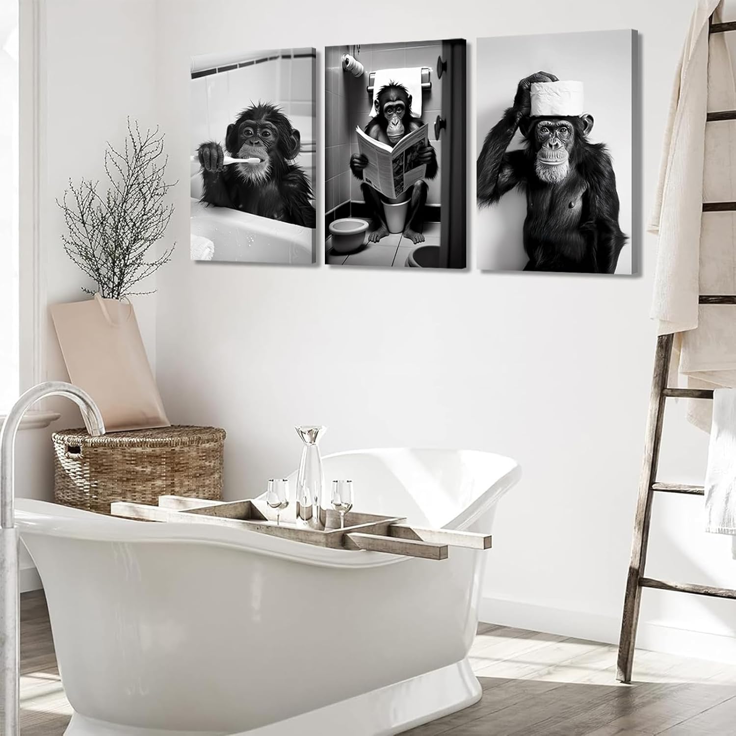 3Pcs Bathroom Orangutan Canvas Wall Art Cute Monkey Bathroom Wall Decor Funny Black and white Animal Painting Print Artwork Toilet Maximalist Pictures 12x16in Framed