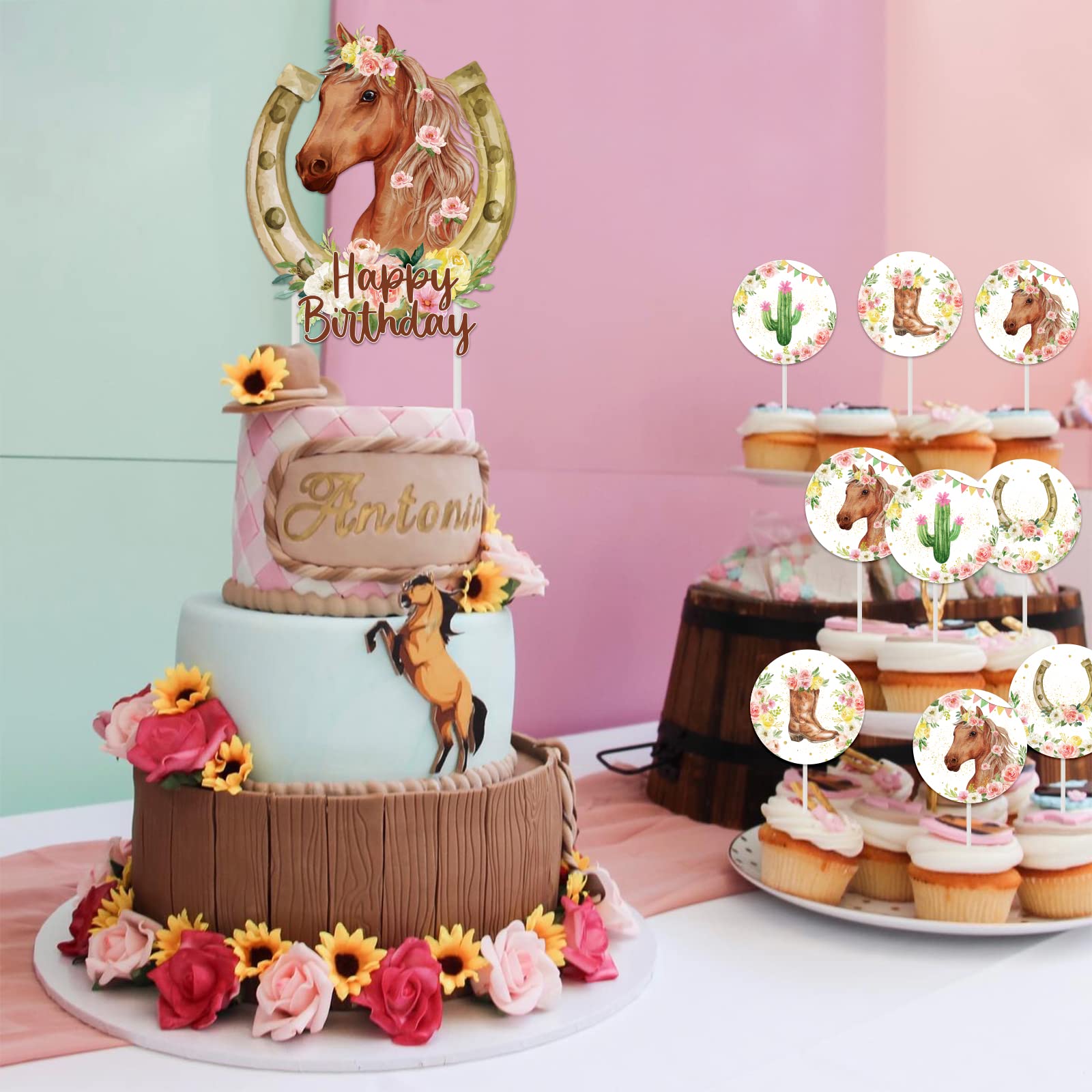 Fangleland 25pcs Cake Toppers - Girls Western Cowgirl Cupcake Toppers with Horse Boots for Racing Birthday Cake Decorations