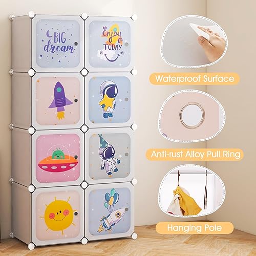 Miniatura 4 de INFANS Armario para niños, armario portátil para bebé, lindo para dormitorio de niños, armario de guardería con puertas, 12 cubos, 2 secciones para