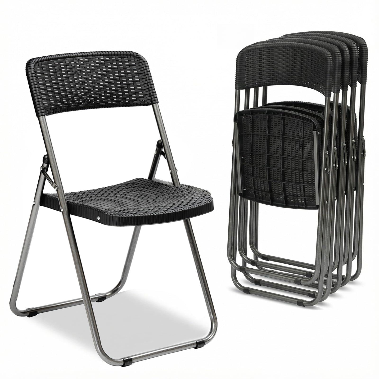 Sekey Rattan Gartenstuhl Klappbar 6er, Campingstuhl Faltbar 200KG, 46x53x84 cm, Klappstuhl Camping Balkon Garten, Gartenstühle Set Wasserdicht, Schwarz