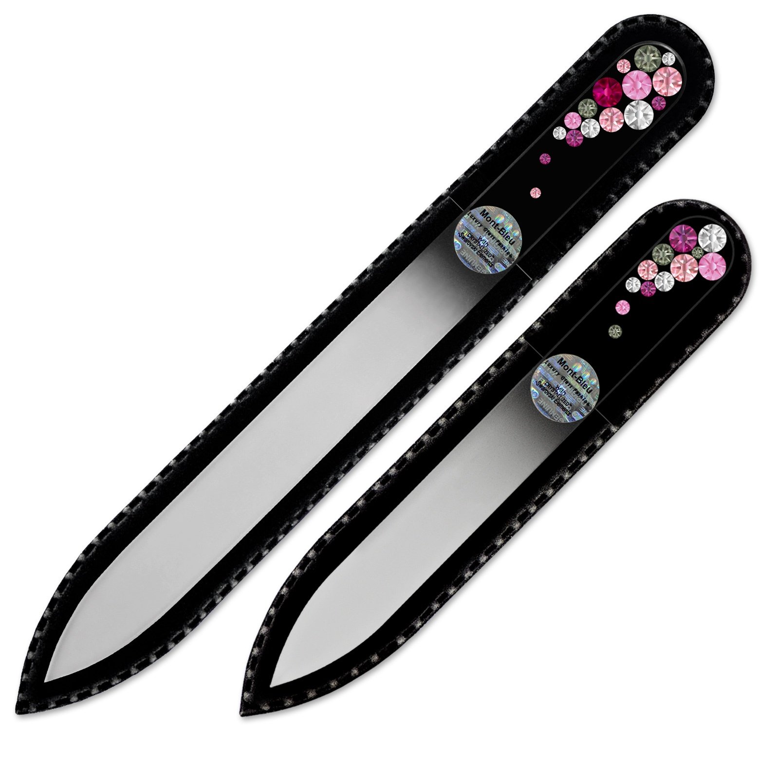 Mont BleuPremium Set of 2 Crystal Nail Files Hand Decorated with Swarovski Elements - in Black Velvet Sleeve - Genuine Czech Tempered Glass - Best Glass Nail Files for natural nails