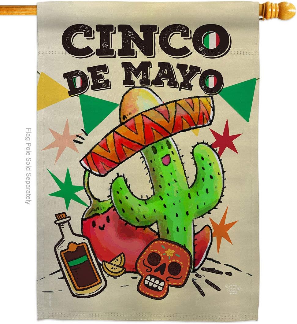 El Cinco de Mayo House Flag - Summer Mexican Fiesta Party Cactus PinataOutdoor Summertime Sunny - Decoration Banner Small Garden Yard Gift Double-Sided Made in USA 28 X 40