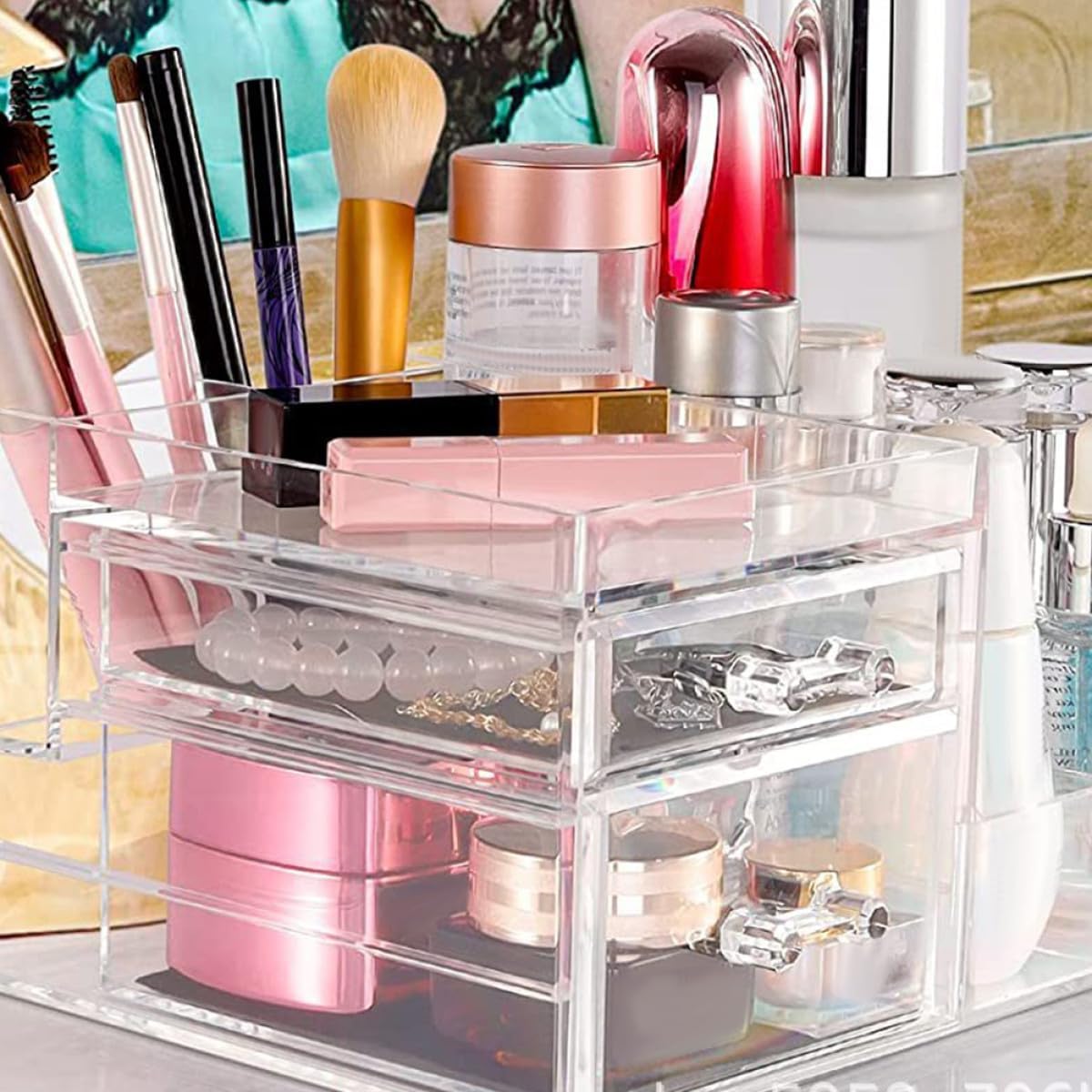 KALLORY Acrylic Makeup Organizer Drawer with Multi-compartments, Cosmetic Display Case for Lipstick, Makeup Brushes, Jewelry Storage, Vanity and Bathroom Use