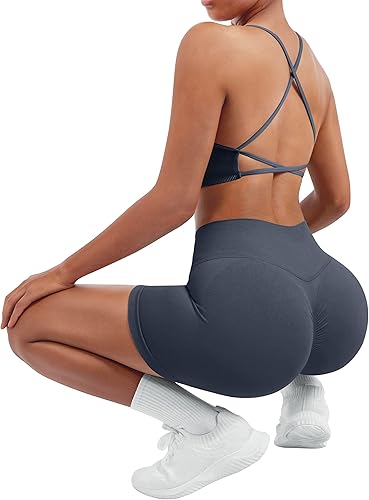 Miniatura 5 de SUUKSESS Conjuntos de entrenamiento cruzado en V para mujer, sujetador deportivo con tiras y pantalones cortos de cintura alta