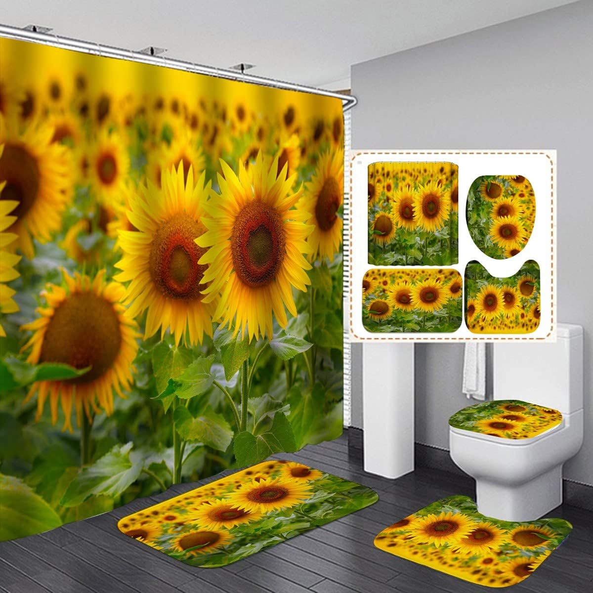 MOUMOUHOME Sunflower Shower Curtain Set with 12 Hooks for Girls Kids 3D Sunflowers in The Field Countryside Scenery Bathroom Shower Curtain with Rugs and Accessories Set 4 Pieces Yellow Brown Green