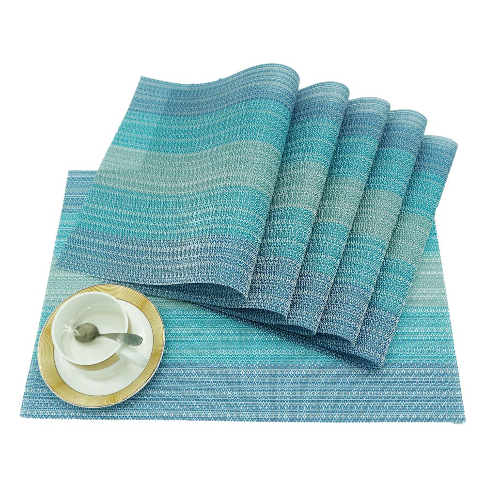 Yara Home Décor Blue Placemats Washable Glitter Pvc Fabric Woven Set Of 6 Large Kitchen Dining Table Dinner Place Mats, Heat Insulation 45 X 30Cm (Blue)