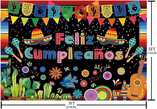 Miniatura 5 de AIBIIN Feliz Cumpleaños, telón de fondo de 7 x 5 pies, decoración de fiesta mexicana, fiesta de feliz cumpleaños, festival Cinco De Mayo, pancarta