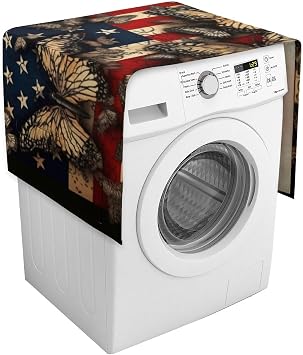 American Flag with Butterflies Washing Machine Cover, Dust-Proof Washer And Dryer Covers for The Top, Washer Top Cover with Storage Bags for Home And Kitchen Laundry, 54.3" X 20.5"