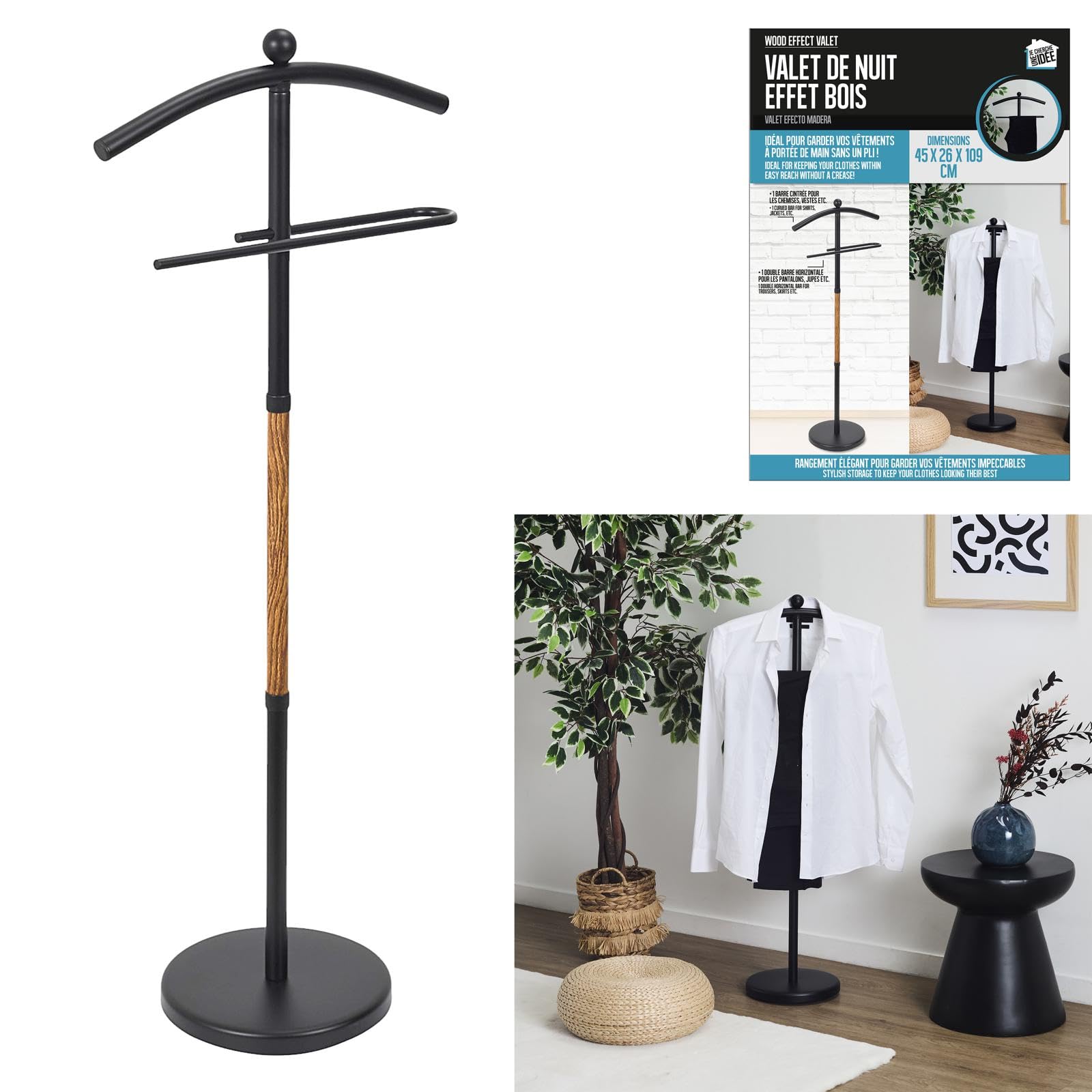 Valet de Nuit Effet Bois Rangement Vêtements Noir | Plastique, valet de nuit effet bois, rangement pratique, vêtements et accessoires, chambre, 45x109x26 cm, noir