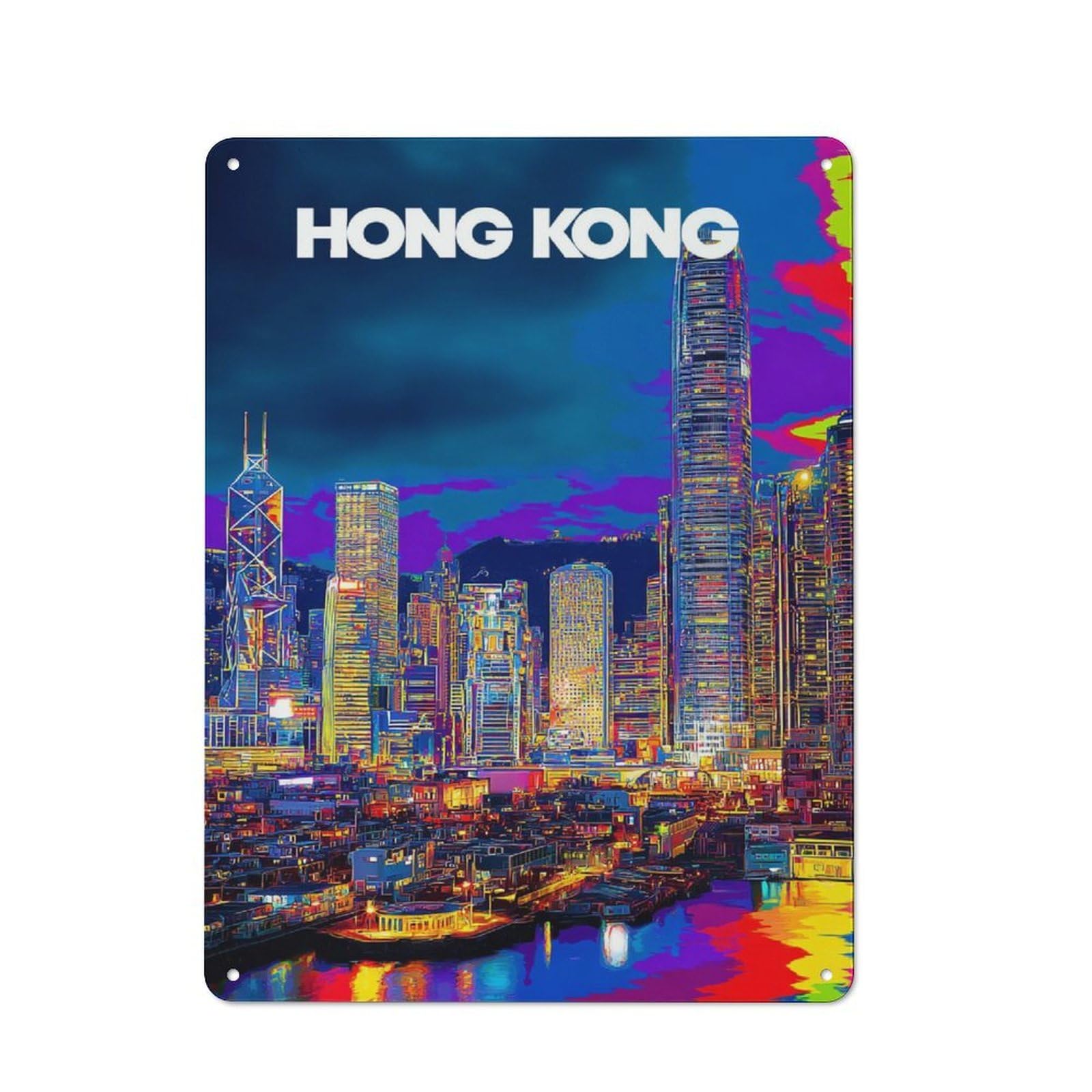 Junmoney Vibrant Hong Kong Nightscape -1 Retro Metal Sign 40X30cm For Living Room Or Hallway, For Updating Living Room And Hallway After Moving