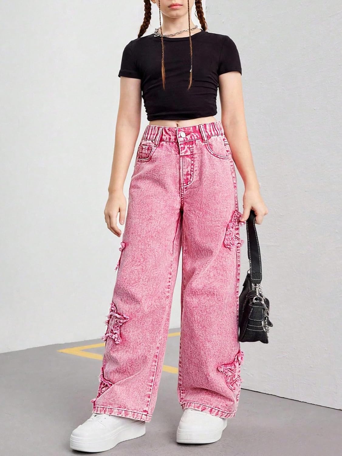 BEAUDRM Girl's Star Patched Y2k Jeans Wide Leg Elastic High Waist Denim Pants Streetwear