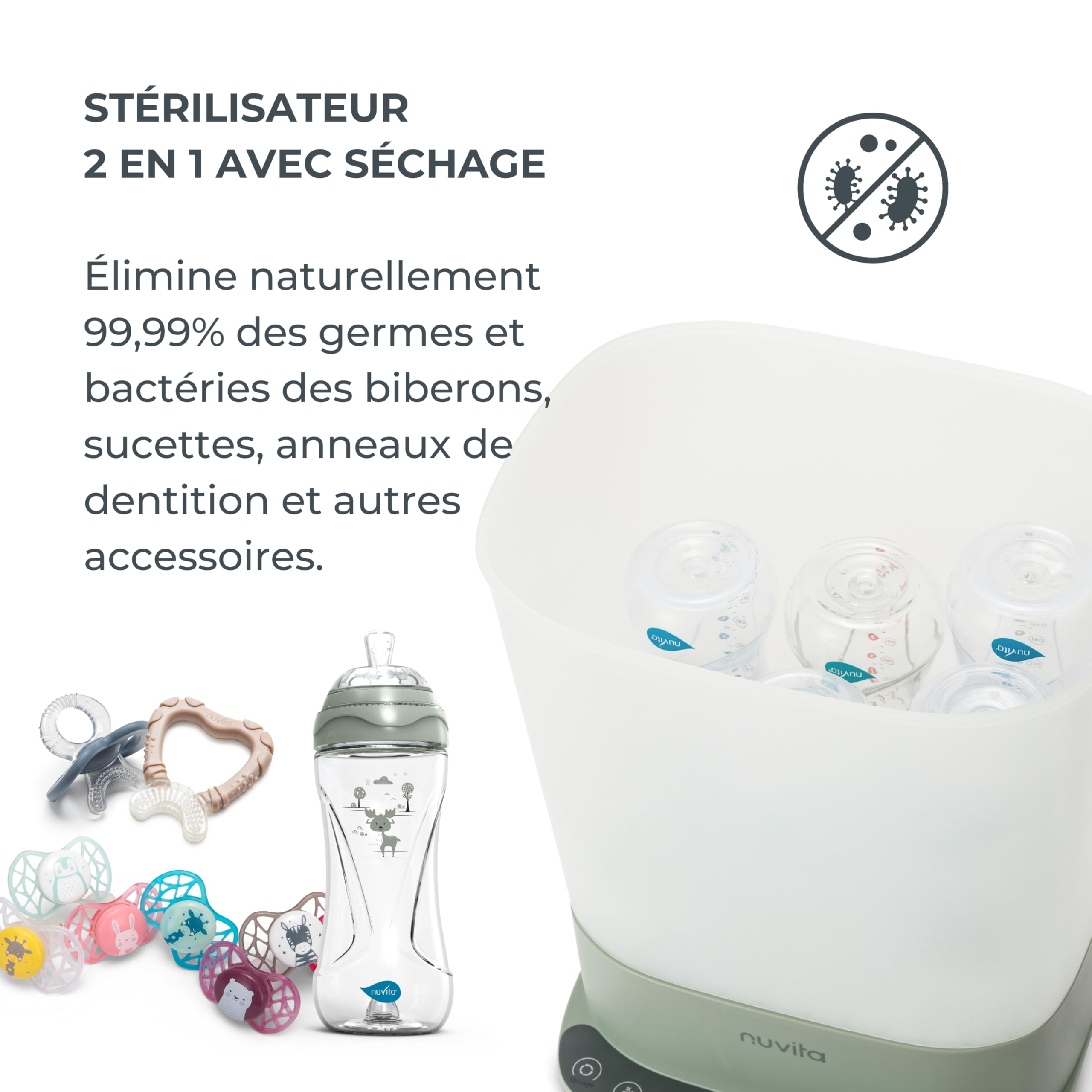 Nuvita 1088 SteriDry Stérilisateur et Séchoir 2-en-1 pour Biberons - Stérilisation à Vapeur 99,99%, Filtre HEPA pour un Séchage Purifié, Conservation Stérile pendant 72H, Grande Capacité, Minuterie