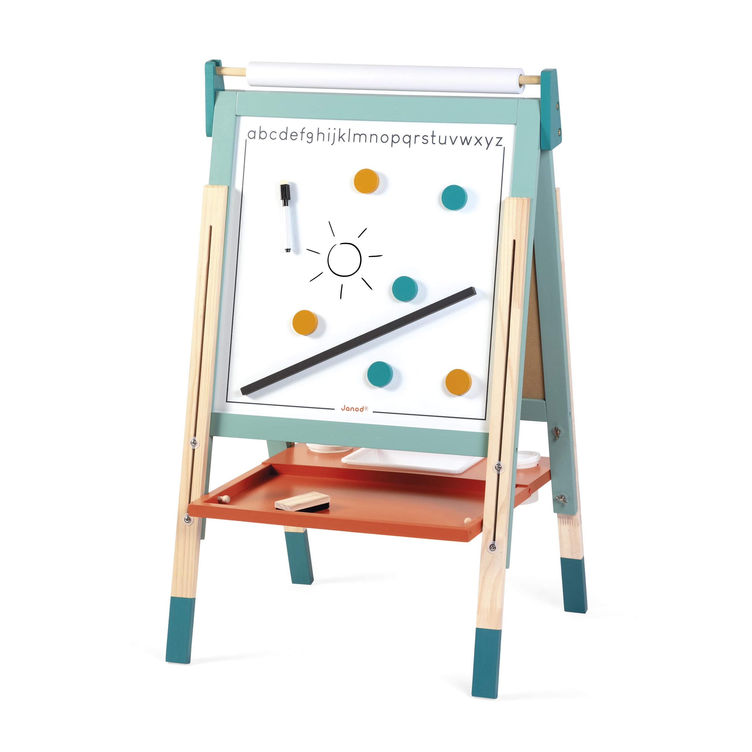Janod J09625 - Cuadro de caballete doble cara, ajustable en altura, pizarra blanca magnética + pizarra para tiza + rollo de papel, 23 accesorios incluidos, a partir de 3 años