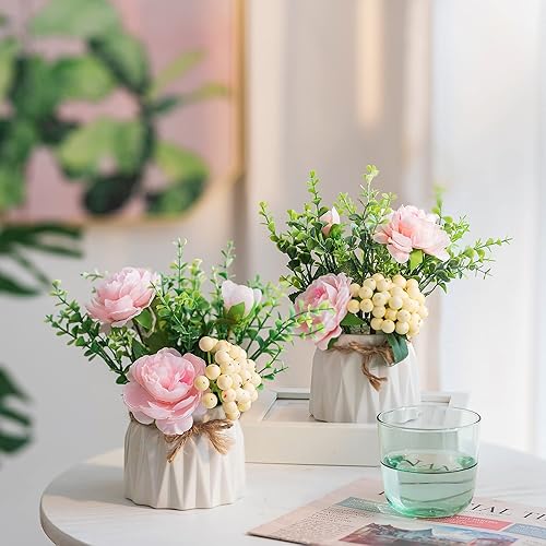 Miniatura 3 de BLOSMON Decoración de mesa, florero de flores artificiales de 7 pulgadas, pequeño arreglo floral rosa falso, 2 piezas para mesas, centros de mesa,