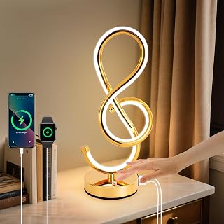 Nachttischlampe LED, Moderne Spiral Tischlampe LED, 3 Farbtemperaturen, Touch Control, Dimmbare Tischleuchte mit USB und Type-C Anschluss, Nachtlicht für Schlafzimmer Wohnzimmer Büro - Gold