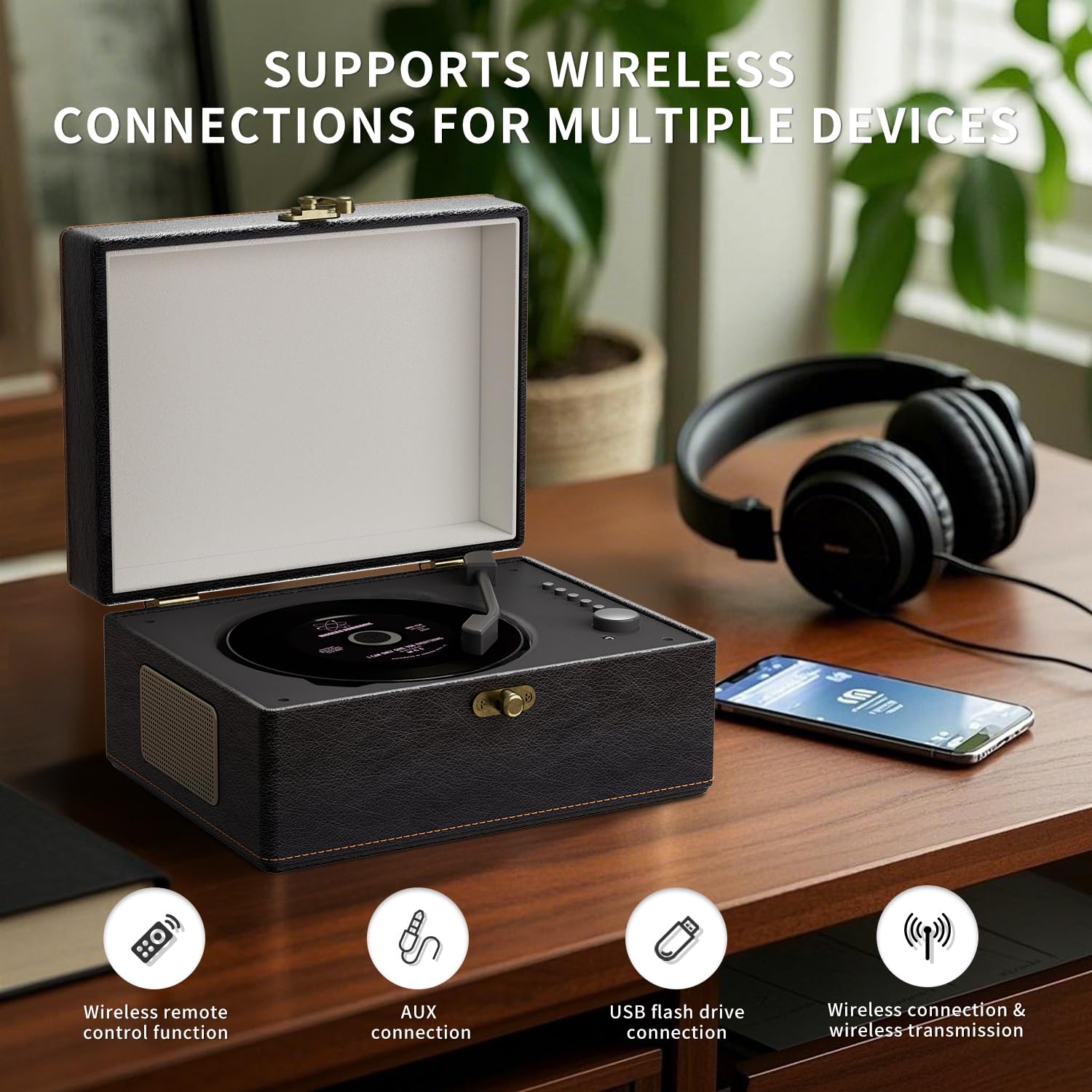 Yintiny Tragbarer CD-Player im Vintage-Stil mit Bluetooth-Konnektivität, Außenseite aus Leder