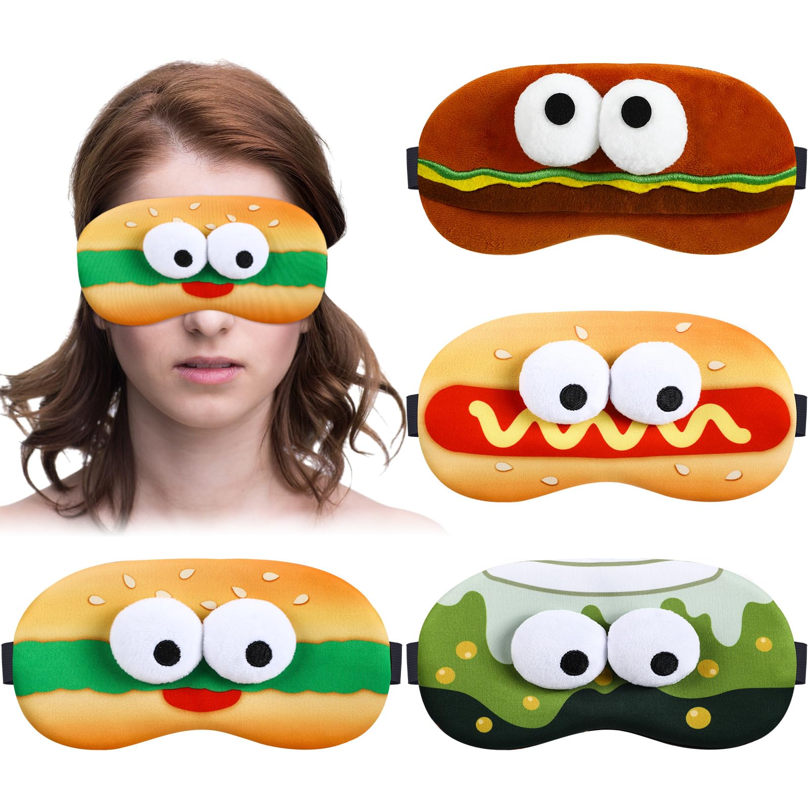 Shyyween 4 Pcs Funny Food Eye Mask Cute Fast Food Sleeping Mask 3D Plush Eye Masks Hamburger Hot Dog Milk Tea Fluffy Eyeshade with 3D Doll Eyes for