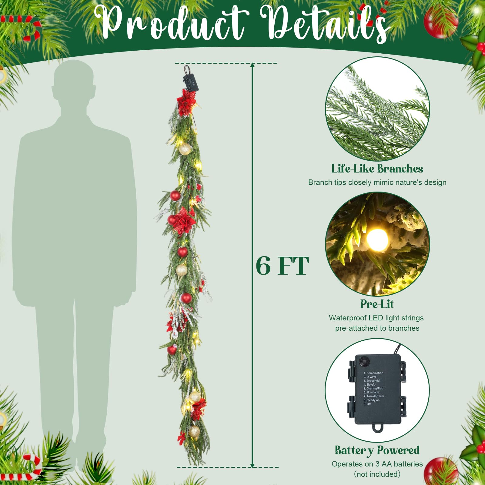 VIHOSE Guirnalda de Navidad de 6 pies con luces, superficie artificial preiluminada de Navidad con lazos rojos, flores, bolas de Navidad para chimeneas, escaleras, barandillas, hogar, Navidad