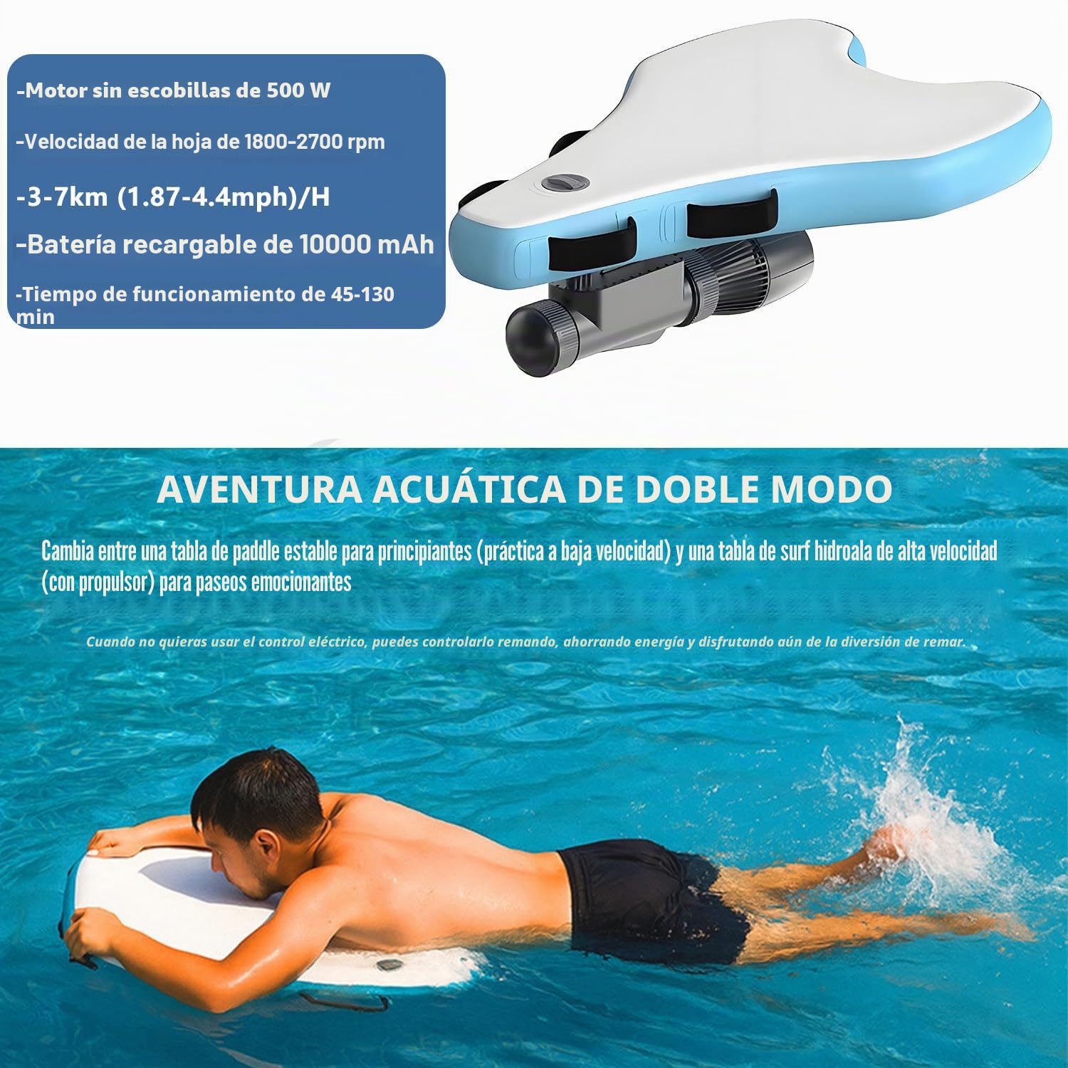 Tabla de surf eléctrica Jet Board, bodyboard inflable con motor SUP de 500 W, batería de 10 000 mAh (40-130 min), velocidad de 3 a 7 km/h, modo dual para principiantes y profesionales 500W10A