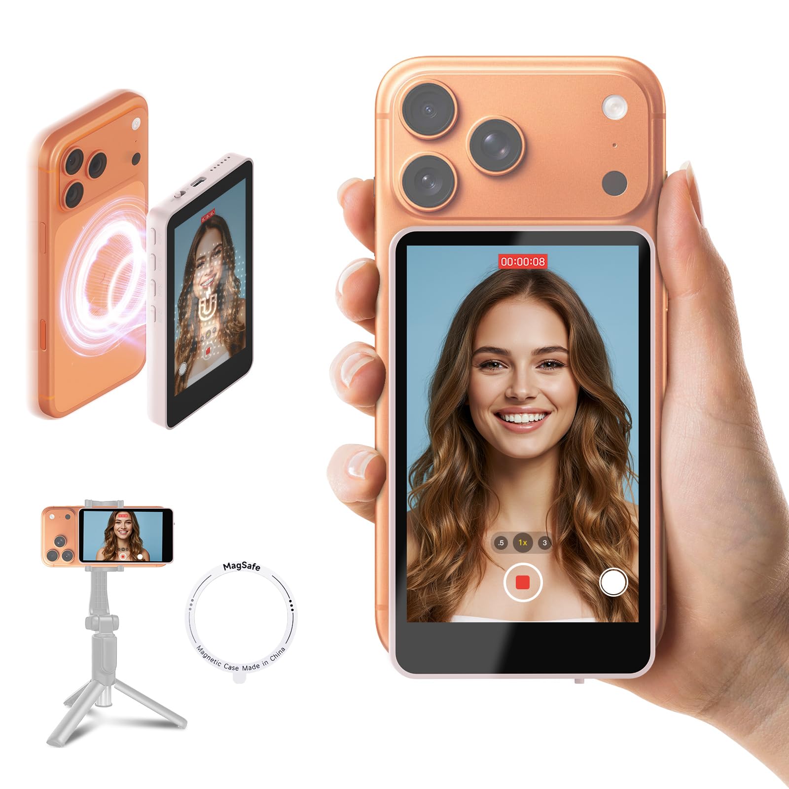 SYNCO XView Monitor selfie portátil para iPhone 17, pantalla de 10,1 cm (3,97") magnética para smartphone, para la cámara trasera de Android, inalámbrico, 50M, con altavoz para TikTok, YouTube