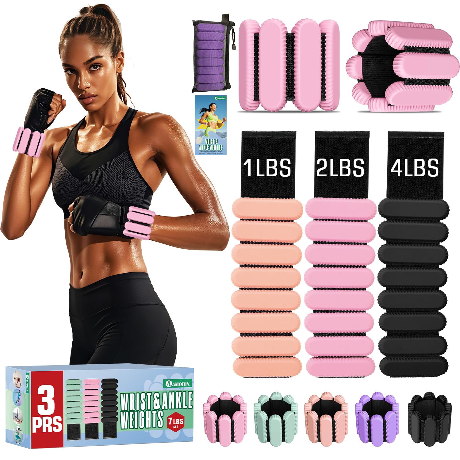 AMORIX Ankle Weights for Women Men, 3 Pairs Wrist Weights Set for Walking Running, 0.5LB/1LB/2LB Each Side Silicone Workout Weights for Gym Fitness,