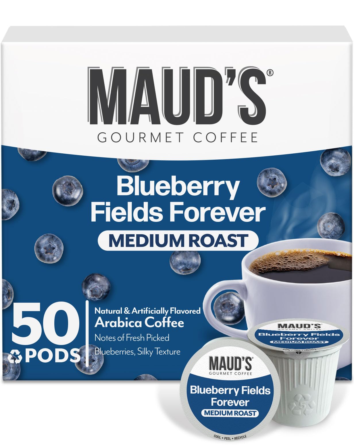 Maud's Blueberry Flavored Coffee Pods, 50 ct, Medium Roast Flavored Coffee in Single Serve Pods – 100% Arabica Beans, Compatible with Keurig K Cups