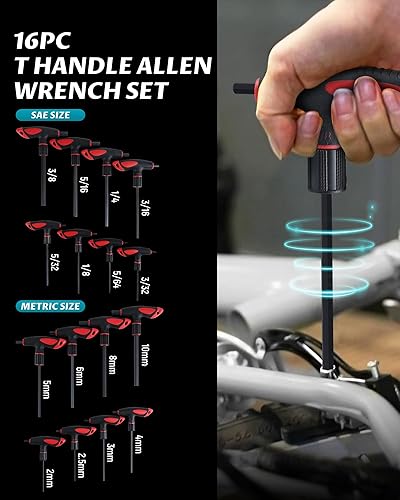 Vista 2 de Lichamp Juego de llaves Allen con mango en T SAE Metric, 16 piezas estándar largo mango en T Allen juego de llaves hexagonales SAE métricas