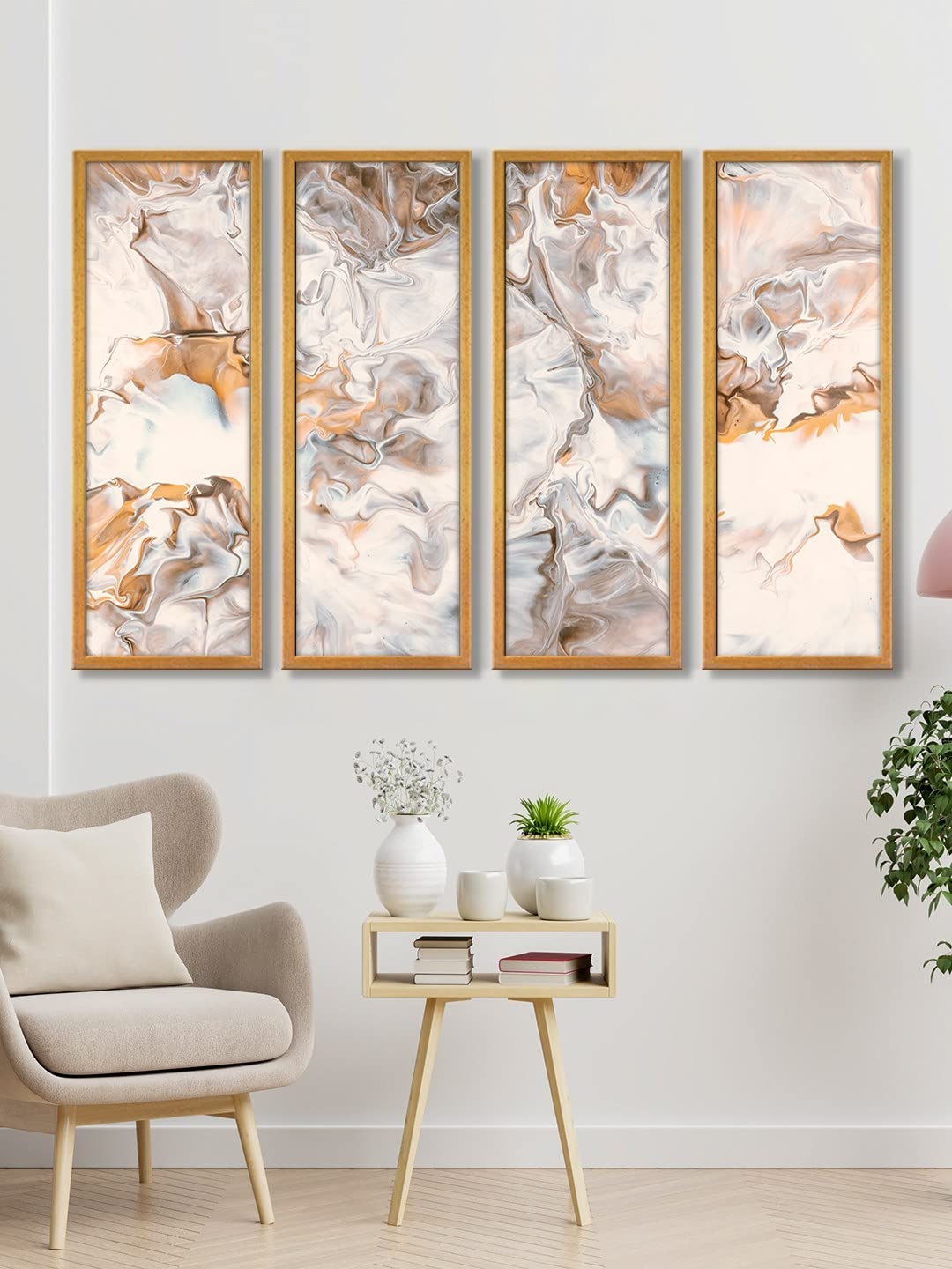 999STORE Framed Golden Water Flows Canvas Wall Art Painting (Set Of 4 Panels Canvas Print 48X36 Inches Gold) Goldenf59