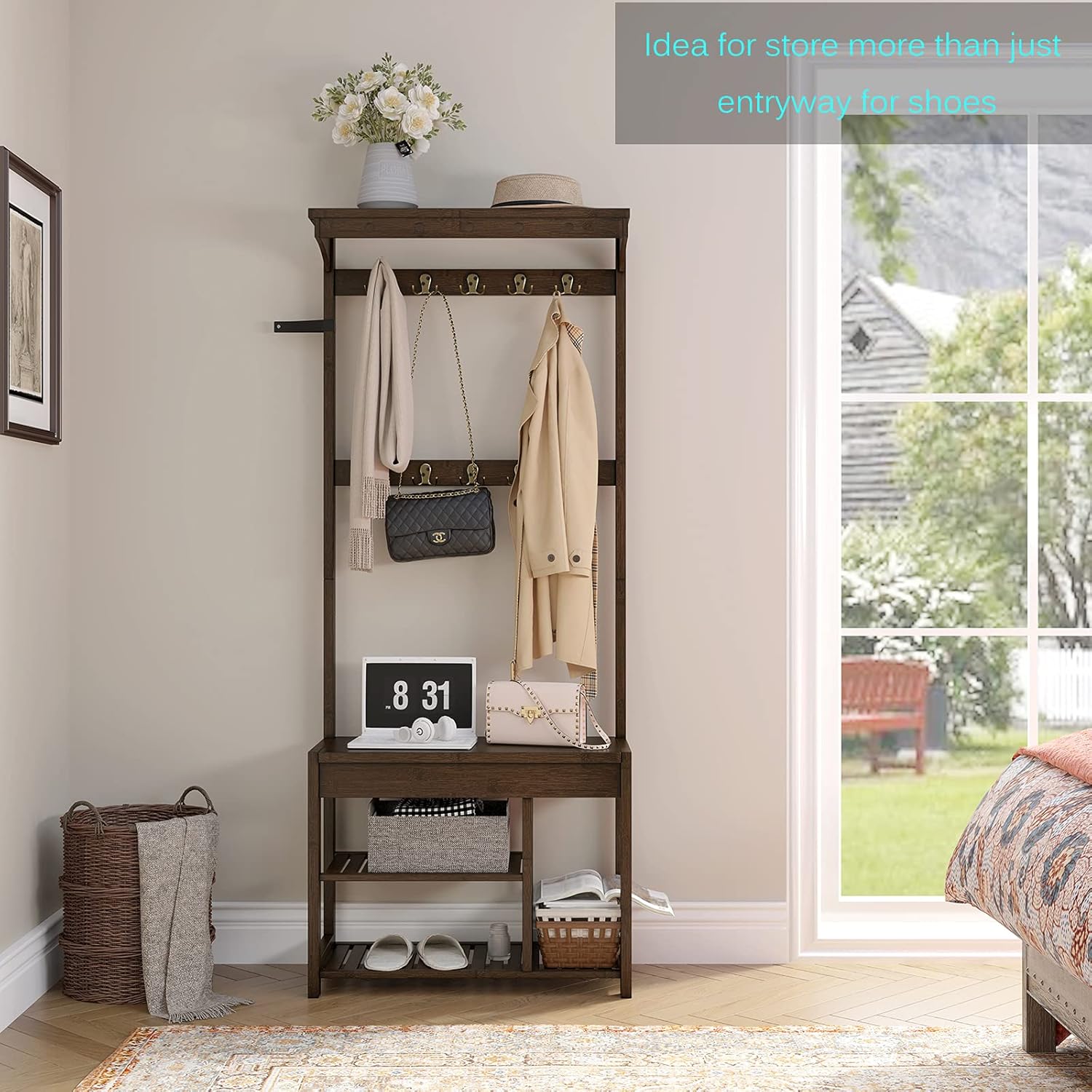 SEIRIONE Coat Rack and Shoe Storage Bench for Entryway, 5 In 1 Design, Hall Tree with a Storage Cubby for Mudroom,10 Hanger Hooks, 1 Top Shelf, 2 Shoe Rack,Bamboo,Vintage : Home & Kitchen