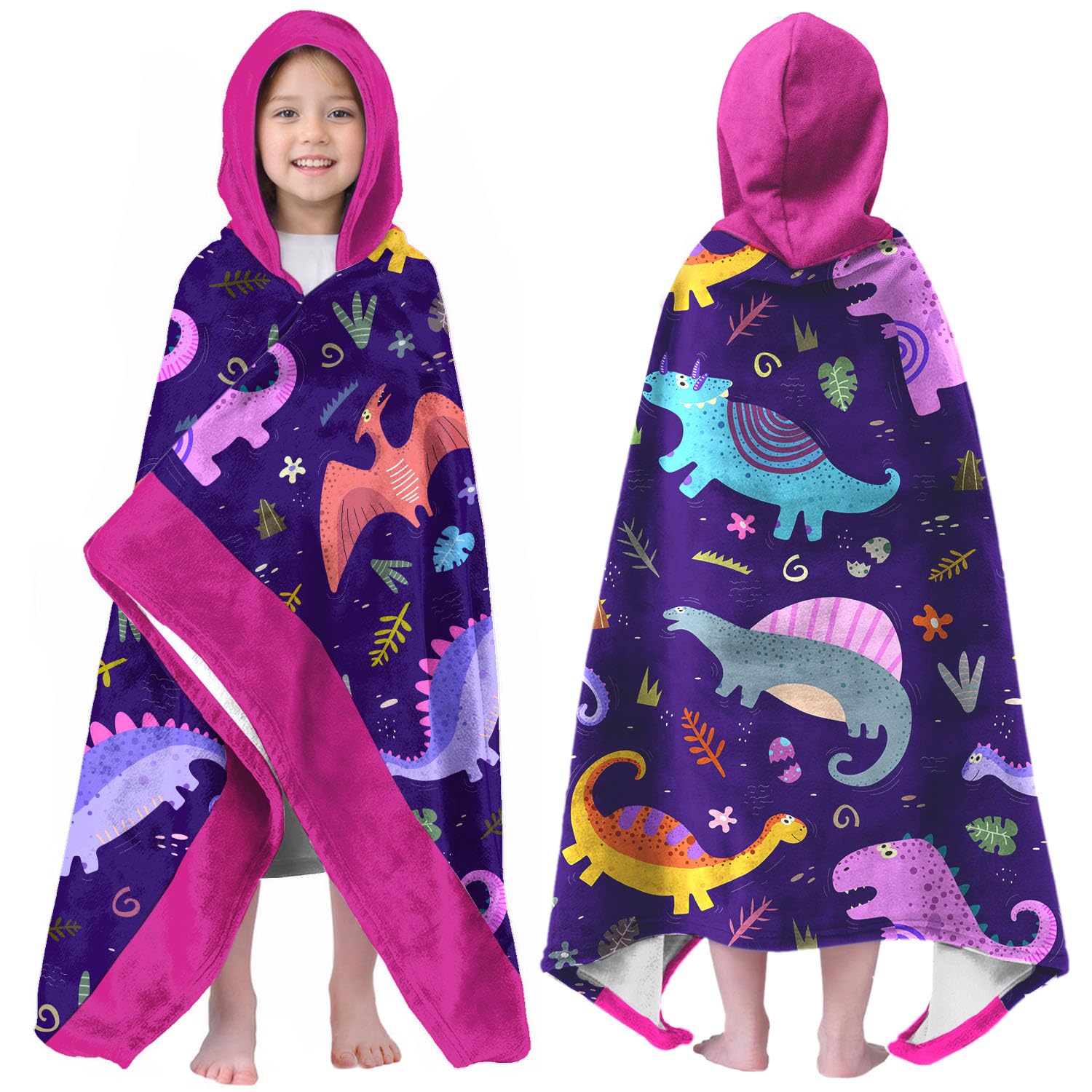 Ritiga Dinosaur Girls Beach Towel with Hoodie for Kids Toddlers Age 4-8, Pink Bath Towels Shower Wrap for Girls, Hooded Poncho Beach Blanket for Pool