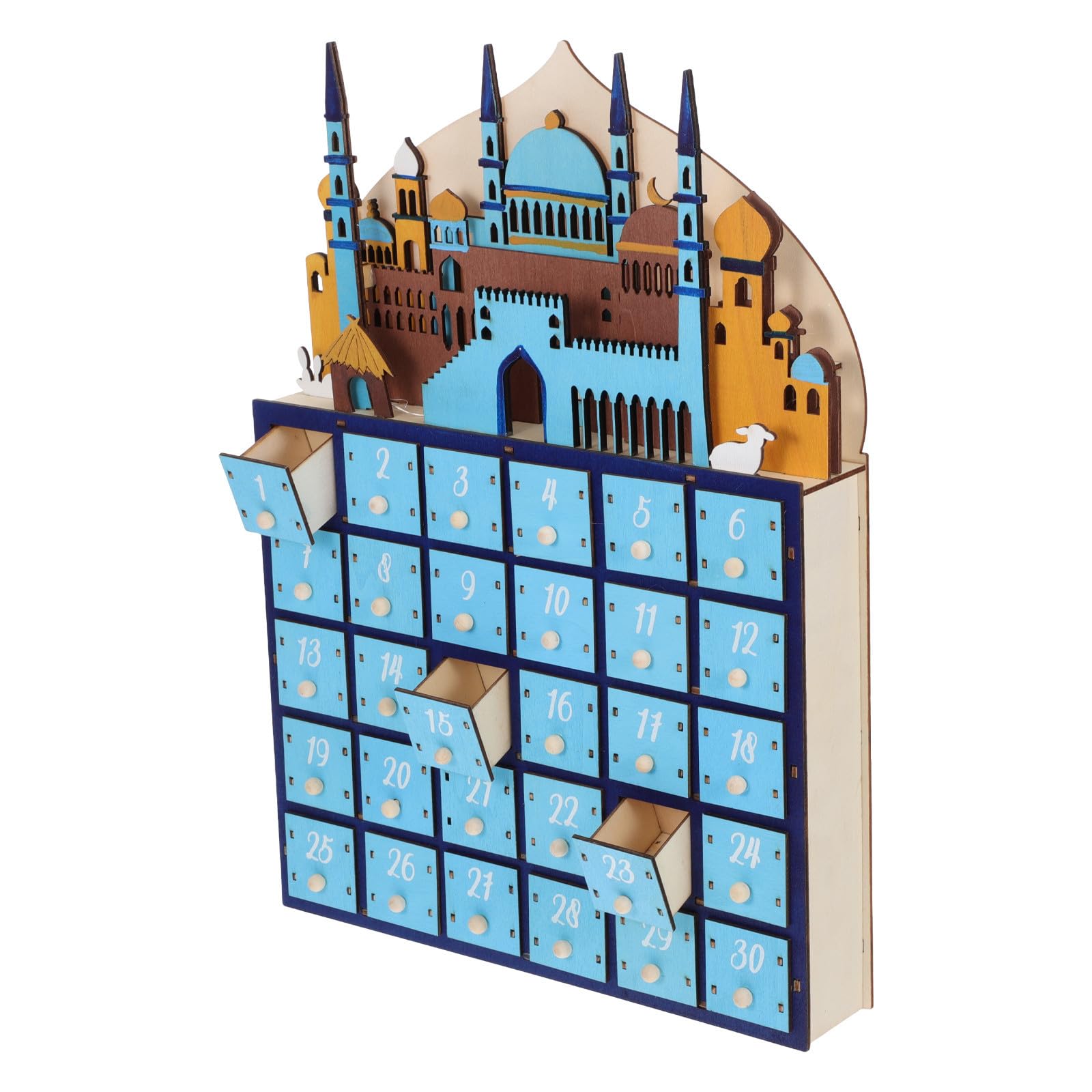 HOMSFOU Calendario de Adviento de Ramadán de Madera Azul con Luz LED y Cuenta Regresiva de 30 Días para Decoración de Festivales y Adornos de Mesa