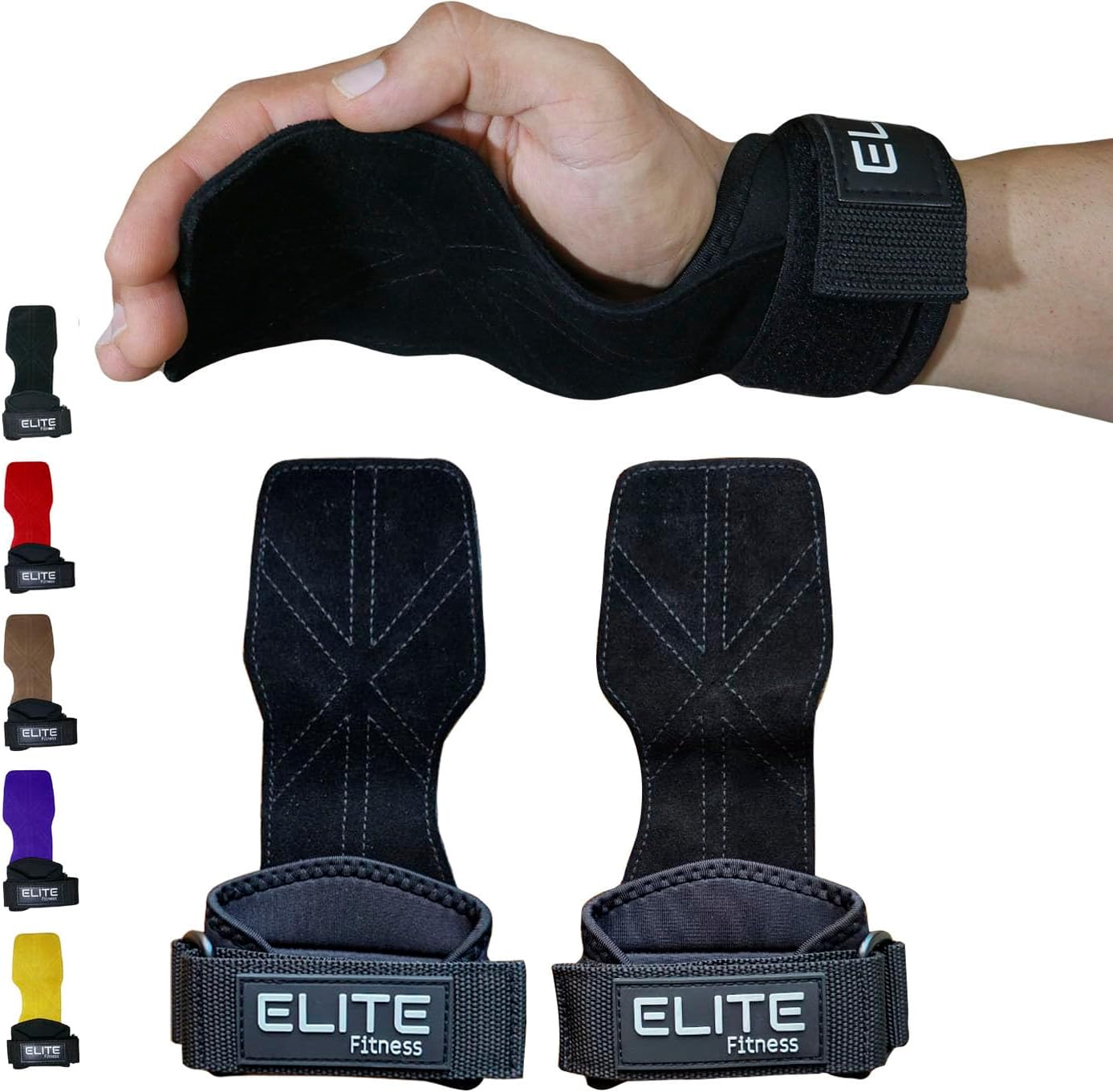 Elite Fitness Calleras de Cuero para Gimnasio, Protectores de Mano Tipo Straps, Ideales para Crossfit y Levantamiento de Pesas