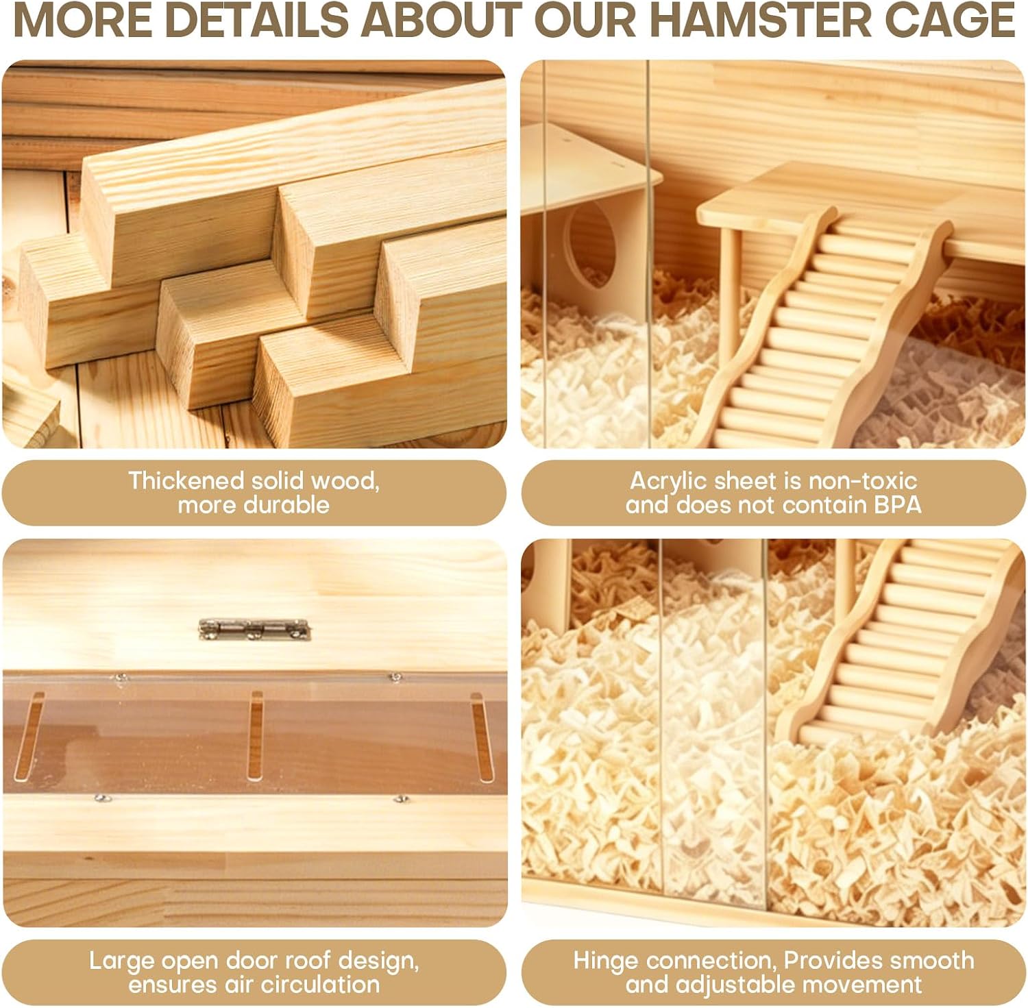 Hamster Cage 32-Inch Large Chewproof Wooden House, 270° Panoramic View Ventilated Hamster Habitat for Dwarf Hamsters, Syrian Hamsters, Gerbils, Mice & Guinea Pig