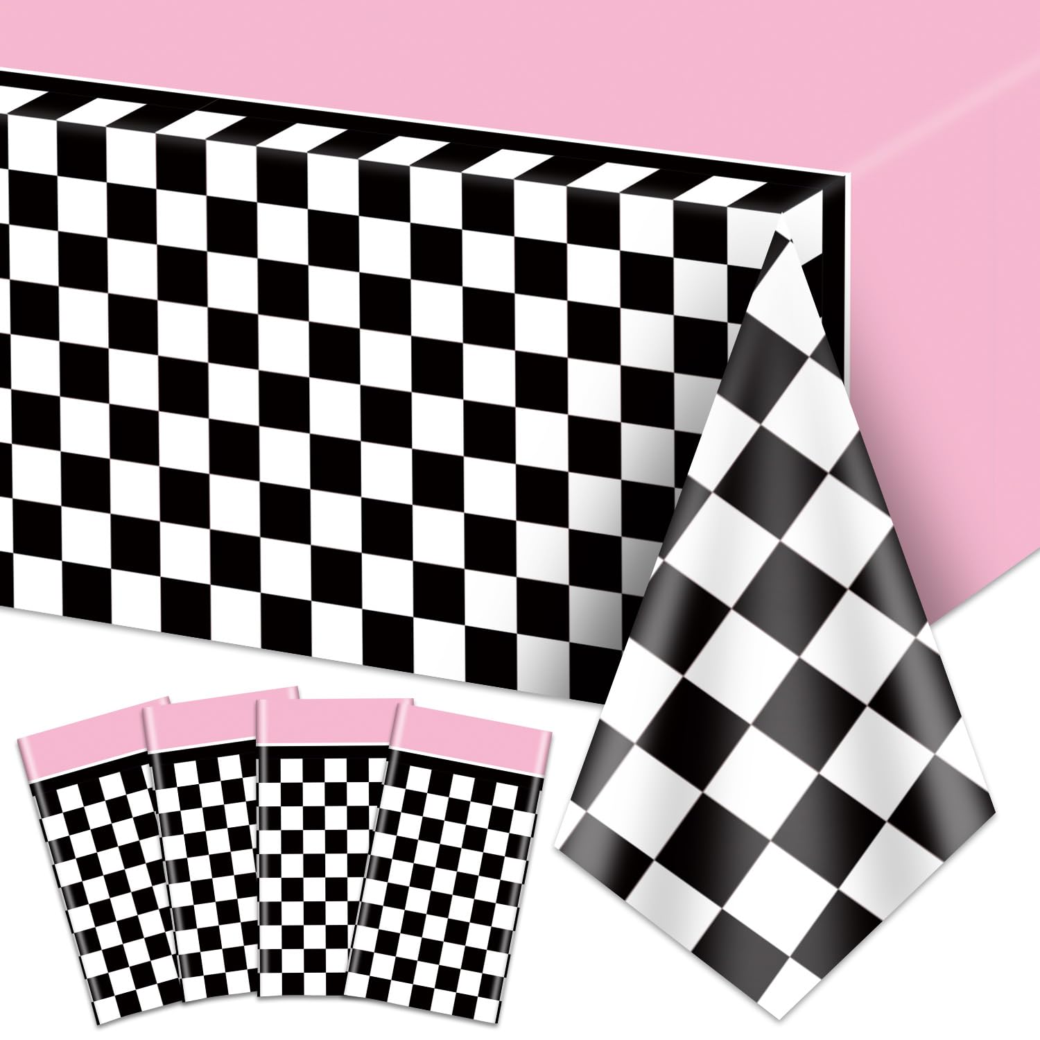 PIXHOTUL 4 Pieces Racing Car Tablecloths, Race Car Birthday Party Decorations Checkered Plastic Table Cover Pink Table Runner for Kid Girls Birthday,