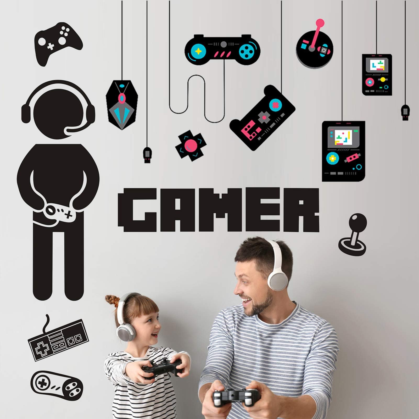 2 Sheets of Gamer Wall Stickers with Colorful Controller Wall Decals, Vinyl Gaming Joystick Cartoon Party Wallpaper, Removable Video Game Wall Mural for Boys Men Kids Playroom Bedroom Home Decor