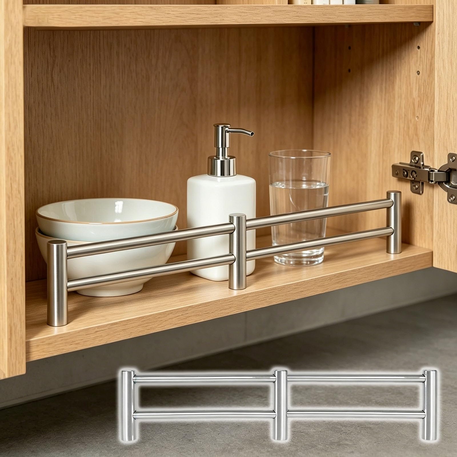 Metal Shelf Guard Rail with Double Rod Design, 304 Stainless Steel Cabinet Barrier, Prevents Sliding & Falling for Display Shelves(Silver,57in/145cm)