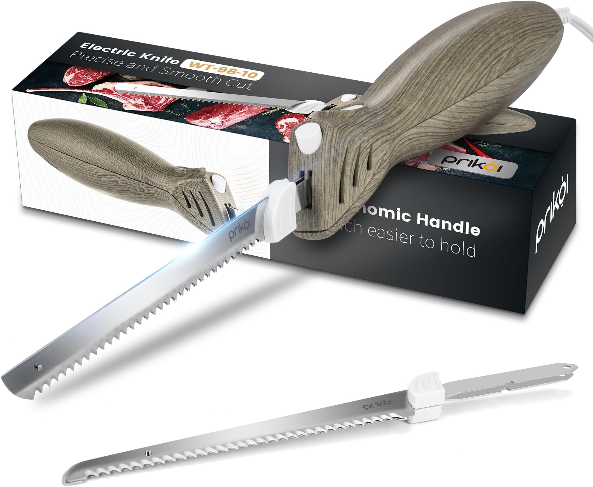 Electric Knife - Easy-Slice Serrated Edge Blades for Carving Meat, Bread, Turkey, Ribs, Fillet, DIY, Ergonomic Handle + 2 Blades for Raw & Cooked Food(Faux Wood)