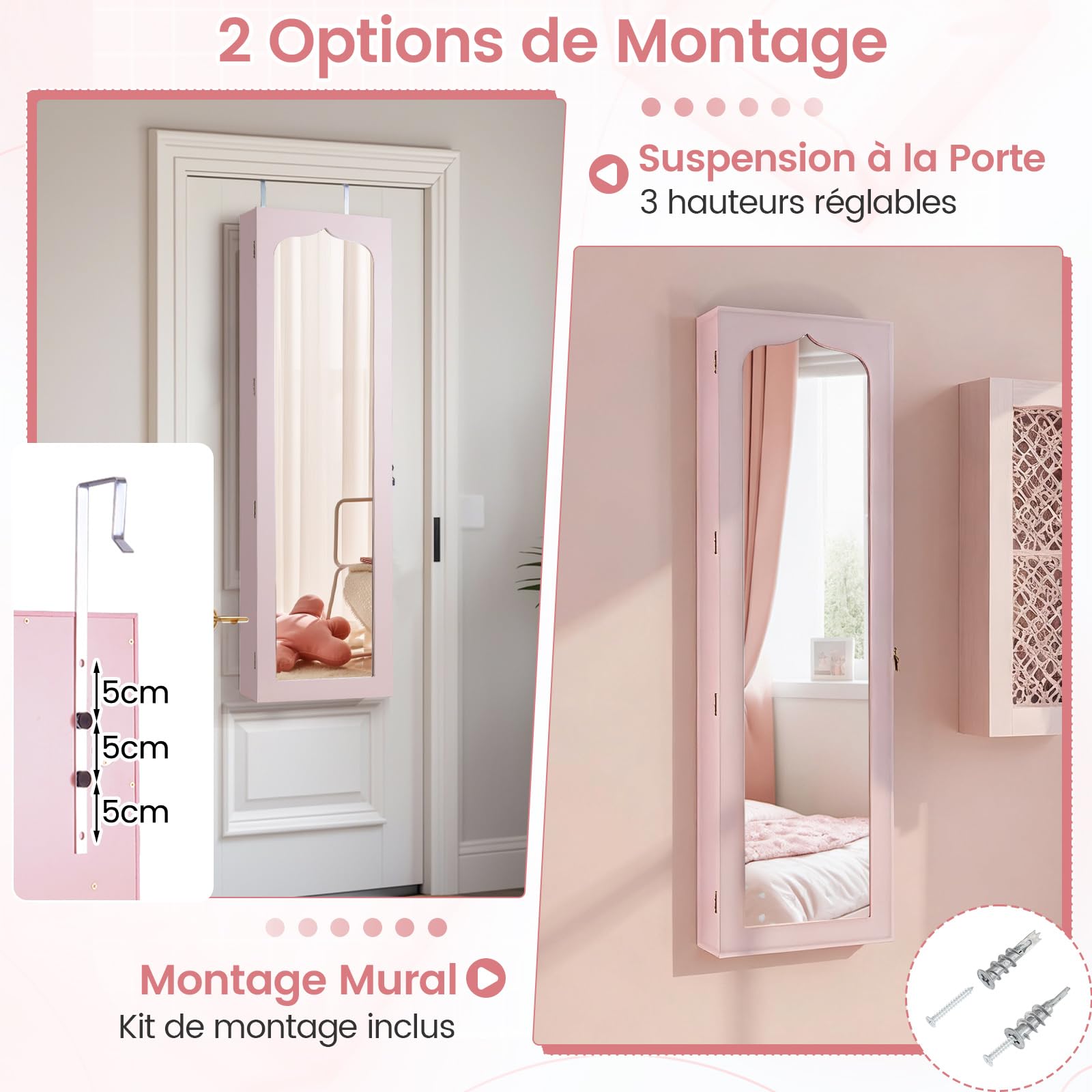 RELAX4LIFE Armoire à Bijoux Murale avec Miroir, 5 Lumières Automatiques, Miroir Rangement Bijoux avec 6 Tiroirs pour Boucles d'Oreilles Colliers Cosmétiques (Rose | Tiroir en MDF)