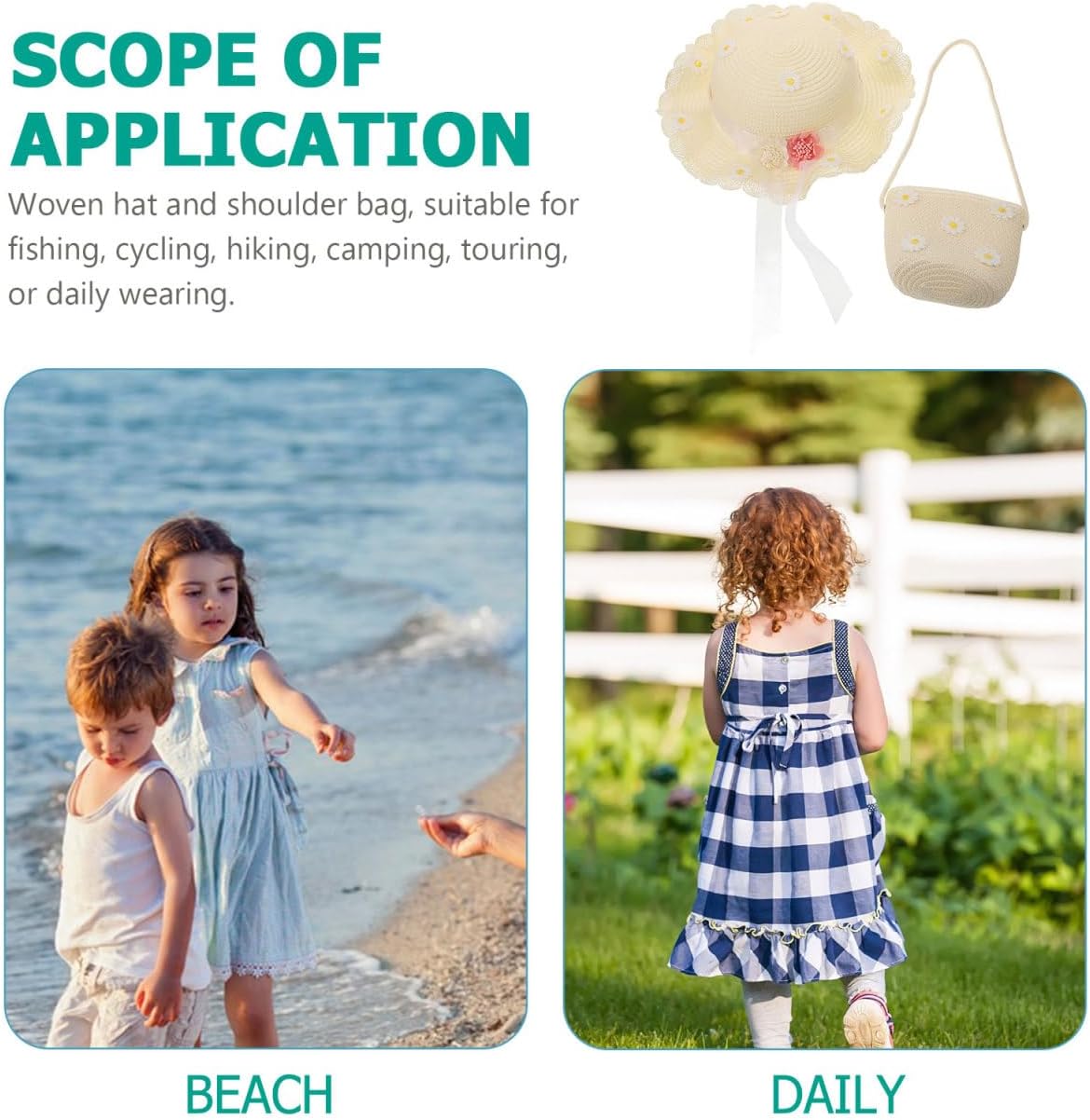 Daisy Straw Hat Bag Set Girls Straw Sun Hat Daisy Pattern Cute Floral Design for Kids Summer Beach Fun 5.51x4.33x0.78 Inches Milky White - Image 6