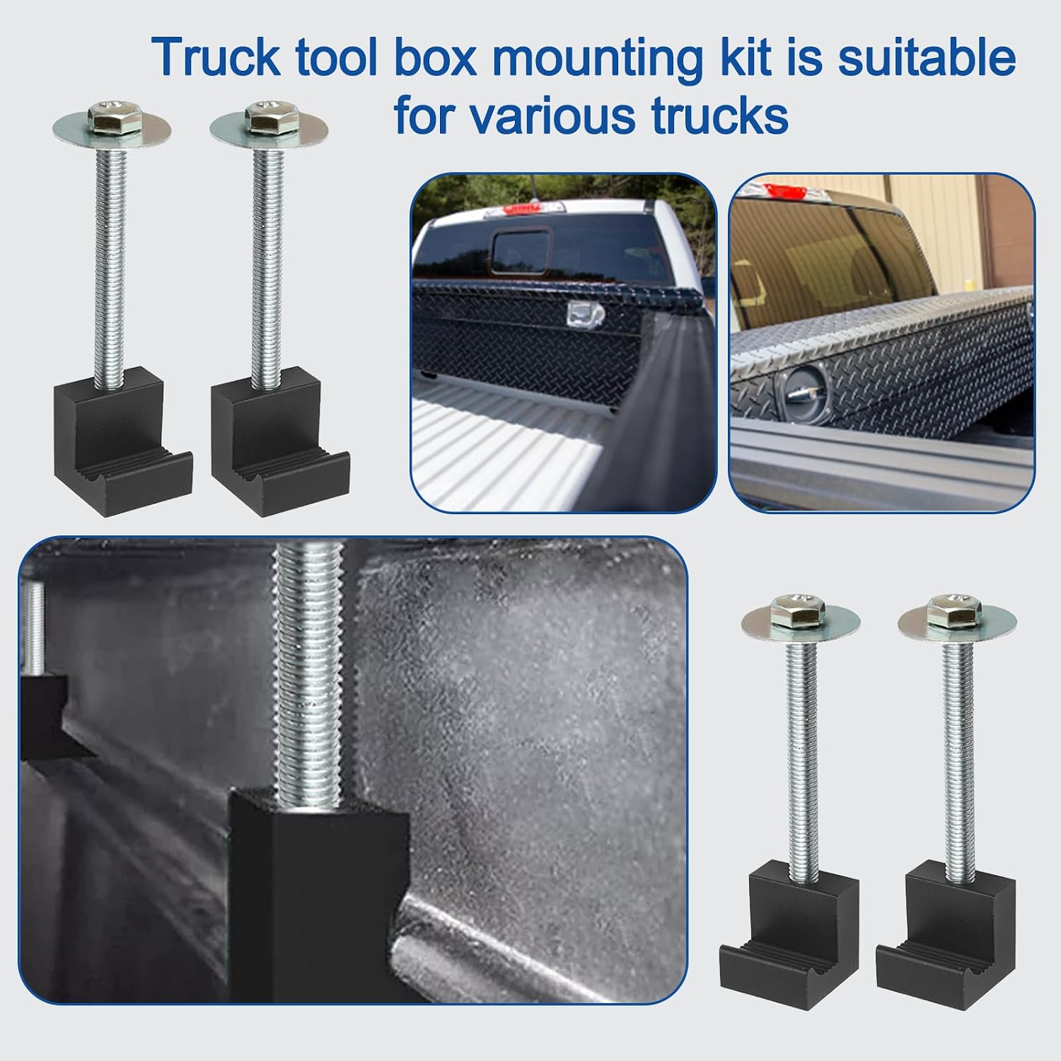 4Pcs Truck Tool Box Mounting Kit - Upgraded J Hook Crossover Tool Box fits for Pickup Truck Tool Box Mount Tie Downs, Universal Aluminum Truck Tool Box Tie Downs Accessories, Black