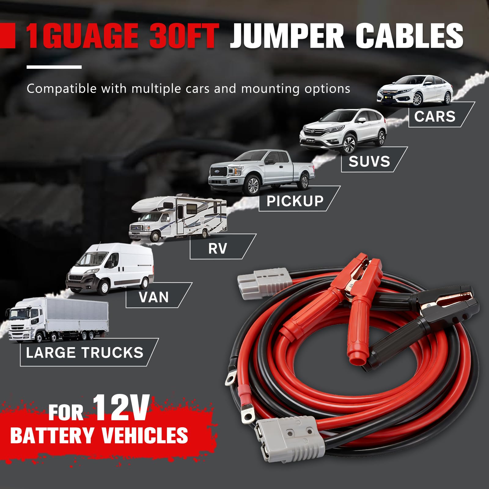 Cavi di avviamento resistenti per batteria auto, 1 calibro 1500 A, 30 m, con connettori di collegamento rapido, borsa da viaggio per camion, SUV, auto, 1 anno di garanzia