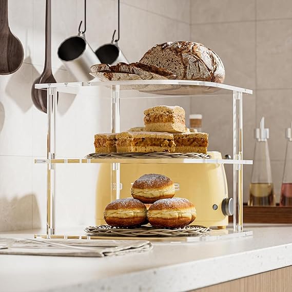 Multi Functional 3 Levels Corner Shelf Organiser Stackable Vertical Storage Rack for Kitchen Cabinets Dishes Bowls Waterproof Acrylic Shelf