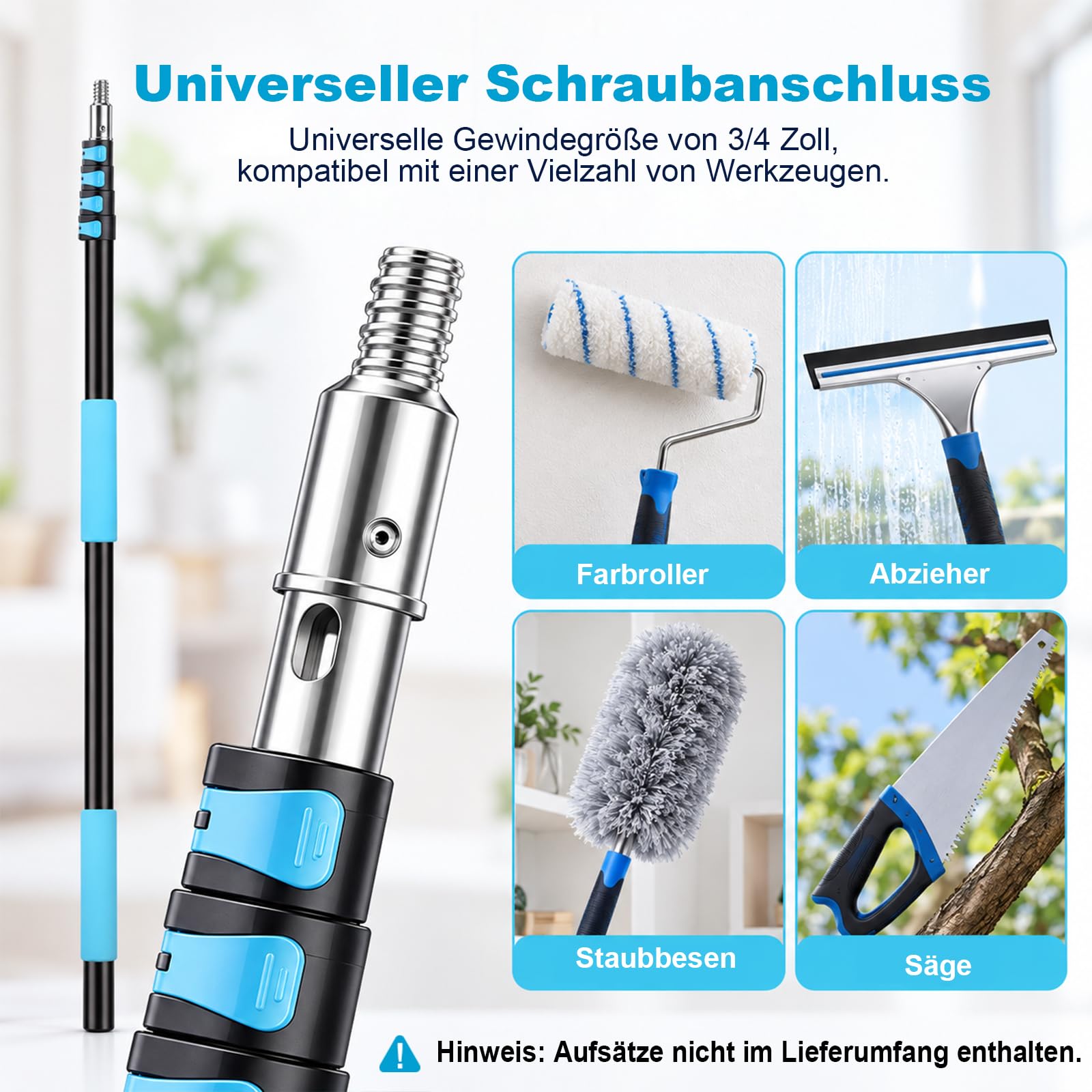 Teleskopstange Fensterreinigung 3,6 m, 5 Teilige Ausziehbare Aluminium Teleskopstangen mit Universalgewinde, Teleskopstiel für Maler, Decken, Wände, Garten, Autowäsche
